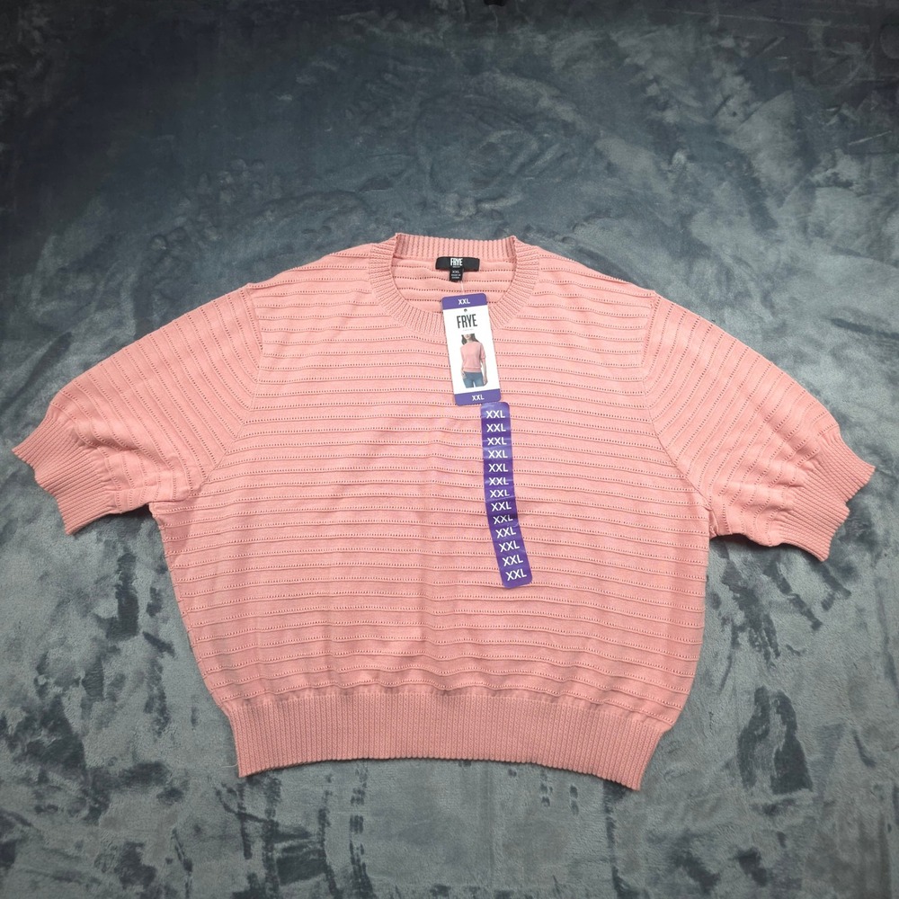 Frye Women Pink Short Sleeve Cotton Knit Sweater XXL Pointelle Stripe Crew Neck